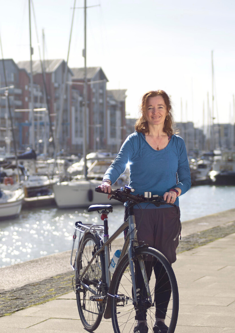 Rachel cycling in Portishead marina